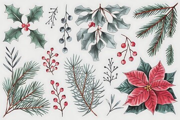 An array of hand-drawn style Christmas botanical elements including holly, poinsettias, and evergreen branches creating a festive and natural feel.