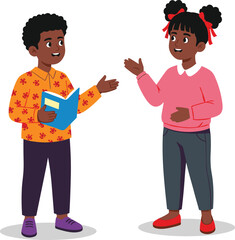 Cartoon children talking with book in hand, educational vector for classroom communication, language learning, and social interaction development themes