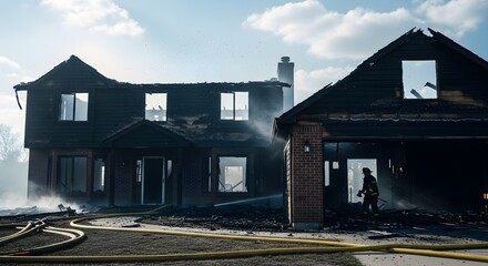 Devastated Home Fire-Damaged Building with First Responder Standing Amidst the Smoke