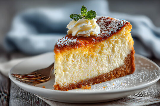 Cheesecake slice, New York style classical cheese cake on wooden background. Slice of tasty cake on white plate served with dessert fork - Powered by Adobe