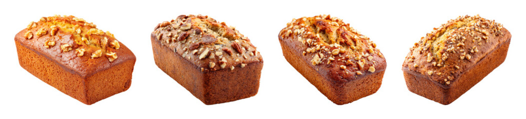 Delicious Homemade Banana Nut Bread Loaves with Toasted Nuts, Perfect for Baking, Desserts, and Cafe Menus PNG set Transparent backround