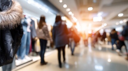 Blurred view of shoppers walking through a modern shopping mall with various storefronts during a busy afternoon
