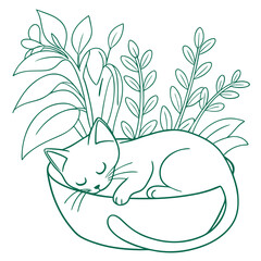 Adorable minimalist line art illustration of a cute kitten peacefully sleeping curled up in a planter surrounded by lush green leaves and delicate plants