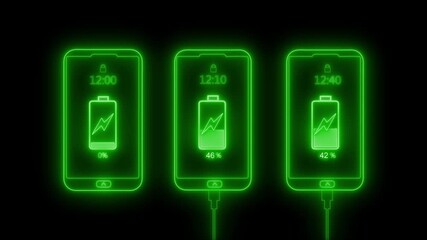 Three glowing smartphone icons showing different battery levels and times animation