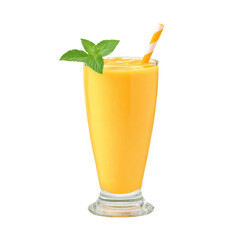 Refreshing mango smoothie with fresh mint garnish and striped straw, isolated on white PNG set Transparent background
