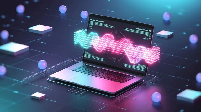 Digital Data Visualization: An artistic rendering of a laptop screen displaying a complex wave pattern amidst a high-tech environment, showcasing the power of data analysis and technology.