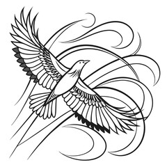 Elegant black and white line art illustration of a dove in flight with swirling abstract lines symbolizing wind or movement