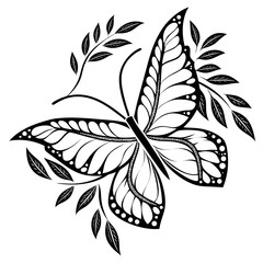 Elegant black and white stylized butterfly with intricate wing patterns and delicate leafy branches against a clean white background
