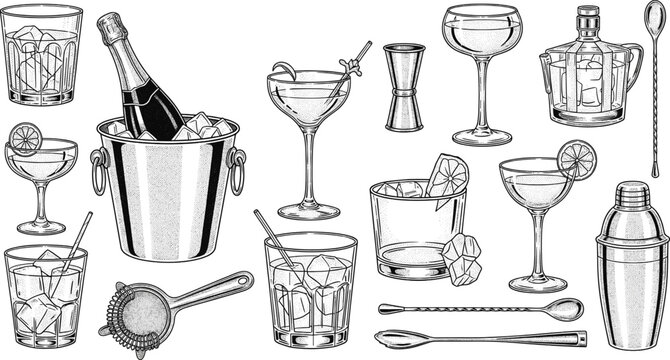 Vintage engraved illustration of cocktail tools, champagne bucket, drinkware set, bar accessories, alcohol glassware, mixology elements, bartending scene
