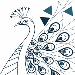 Fototapeta premium Elegant minimalist line art illustration of a peacock with stylized feathers and geometric triangles in a dark blue and teal color palette