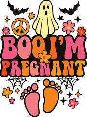 Halloween pregnancy announcement, BOO I'm pregnant, ghost and bats, floral spooky design, festive vector, baby reveal, cute seasonal illustration