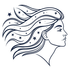 Elegant profile silhouette of a woman with flowing hair adorned with stars and cosmic elements