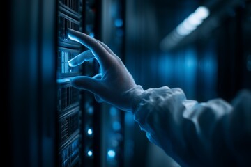 Technician in gloves working with server in data center