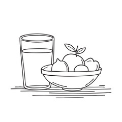 A glass of water beside a bowl of fresh fruit