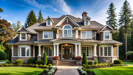 Naklejka premium Magnificent multi-story luxury home with detailed architecture surrounded by lush green trees and manicured lawn under a bright blue sky