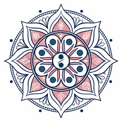 Intricate circular mandala design featuring a yin yang symbol in the center with red and blue floral petals