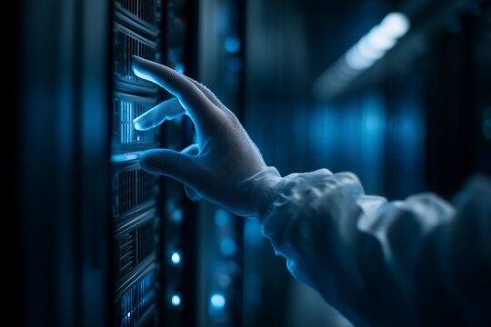 Technician in gloves working with server in data center