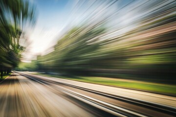 Abstract speed motion blur on road through trees in daytime