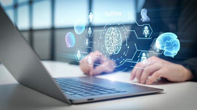 AI-Driven Innovation: A person interacts with an AI-powered digital interface, showcasing the seamless integration of cutting-edge technology, conceptualizing a futuristic vision.