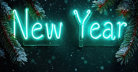 Bright neon sign displays New Year. Snowflakes fall around evergreen branches. Festive, celebratory mood present. Dark background enhances glow.