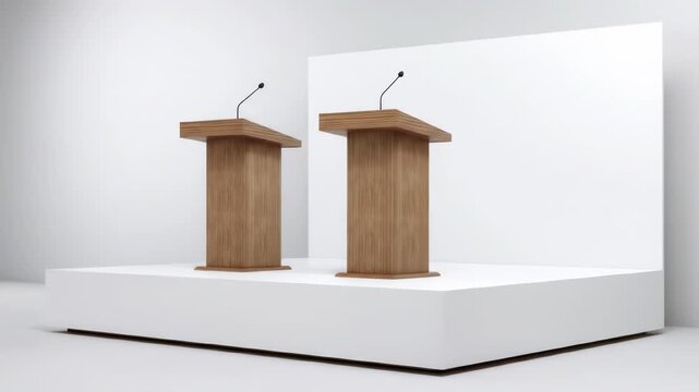 Two wooden podiums with microphones stand on a white platform