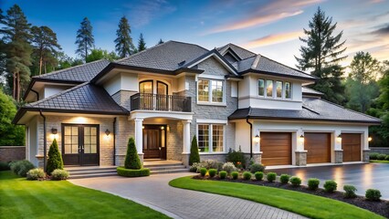 Luxurious grand estate with lush green landscaping and warm exterior lighting at dusk offering prestigious curb appeal