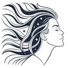 Stylized profile silhouette of a woman with flowing hair filled with stars and celestial elements