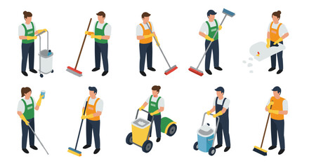 Isometric cleaning workers with janitorial equipment in action