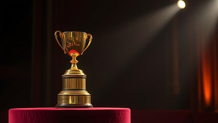 A golden trophy displayed on a velvet podium with dramatic award ceremony lighting.