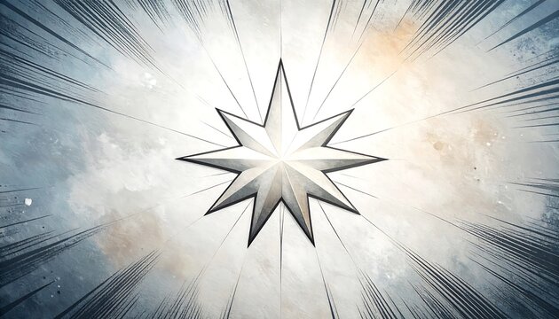 A stylized, silver star bursts from a radial background