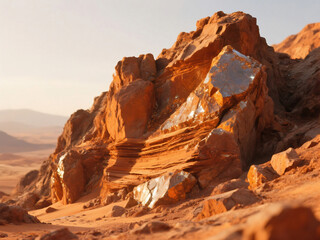 Majestic sandstone rock formations bathed in warm golden sunlight revealing intricate layers and textures in an arid desert landscape creating a breathtaking natural panorama