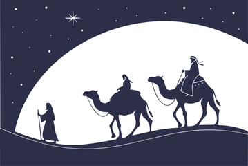 Three Wise Men vector, nativity silhouette, Star of Bethlehem, desert night scene, biblical illustration, Christmas story art, religious graphic