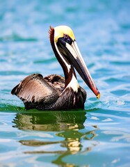 Brown pelican swimming in water