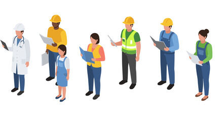 Diverse professionals in isometric style doctor, construction worker, engineer, and teacher team