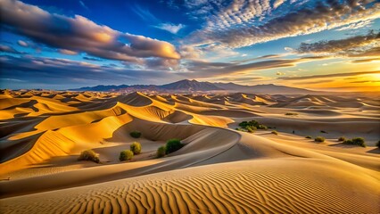 Vibrant desert sunset with dramatic clouds over sand dunes capturing golden hour beauty and vast landscapes