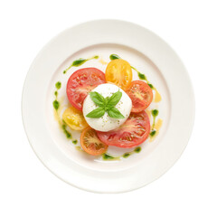 Fresh Caprese Salad with Burrata and Heirloom Tomatoes, Drizzled with Basil Pesto, Overhead View, Healthy Italian Appetizer, PNG set Transparent backround