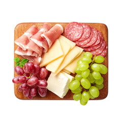 Delicious Charcuterie Board with Cured Meats, Cheeses, and Grapes on Wooden Platter PNG set Transparent background