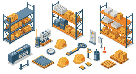 Industrial warehouse equipment and tools in isometric style for logistics and storage solutions