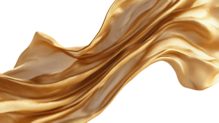 Golden silk fabric smooth flow shiny textile luxury material elegant draped cloth soft decorative surface isolated on white background