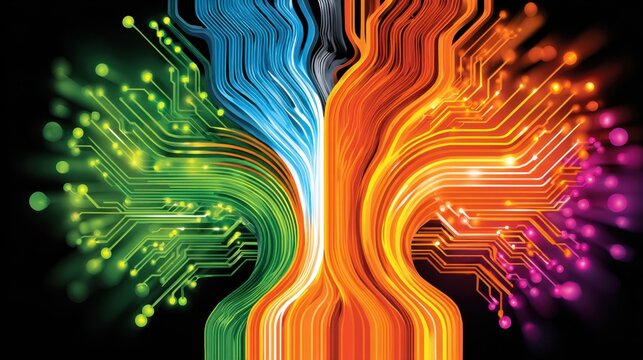 A colorful tree made of wires and circuits. The tree is made up of different colors and has a unique design. Concept of creativity and innovation, as it represents the complex - Powered by Adobe