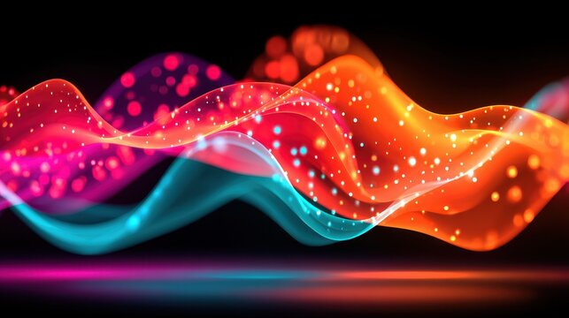 A colorful wave with red, blue, and green colors. The wave is made up of many small dots, giving it a dynamic and energetic appearance. The colors and dots create a sense of movement and excitement - Powered by Adobe