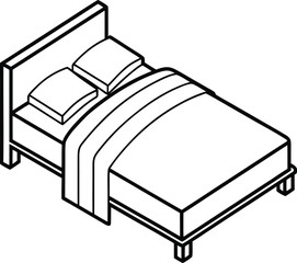 Isometric Minimal Furniture Icon – Single Bed with Pillow and Blanket in Outline Style