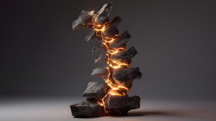 A sculptural representation of a human spine made of cracked stone with five points of intense pressure glowing warmly.