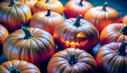 Carved spooky pumpkin along with other pumpkins ready for Halloween party