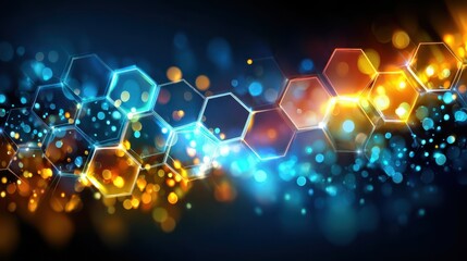 A colorful, abstract image of hexagons in blue, red, and yellow. The colors are bright and the shapes are irregular, creating a sense of movement and energy