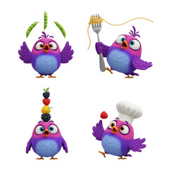 Naklejka premium Quartet of comical cartoon birds engaging with diverse culinary elements