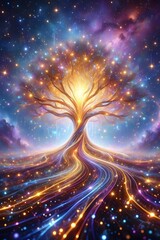 Obraz premium Celestial tree of life with glowing roots and stars in a vibrant galaxy background