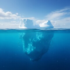 Iceberg submerged underwater in clear blue ocean with sky above  