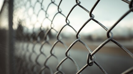 Naklejka premium Closeup of metal chain link fence with blurred street background
