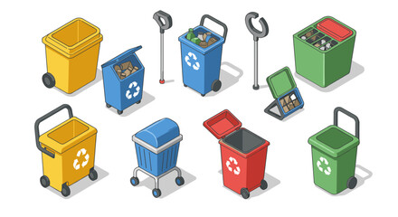 Colorful 3d isometric recycling bins and tools for ecofriendly waste management